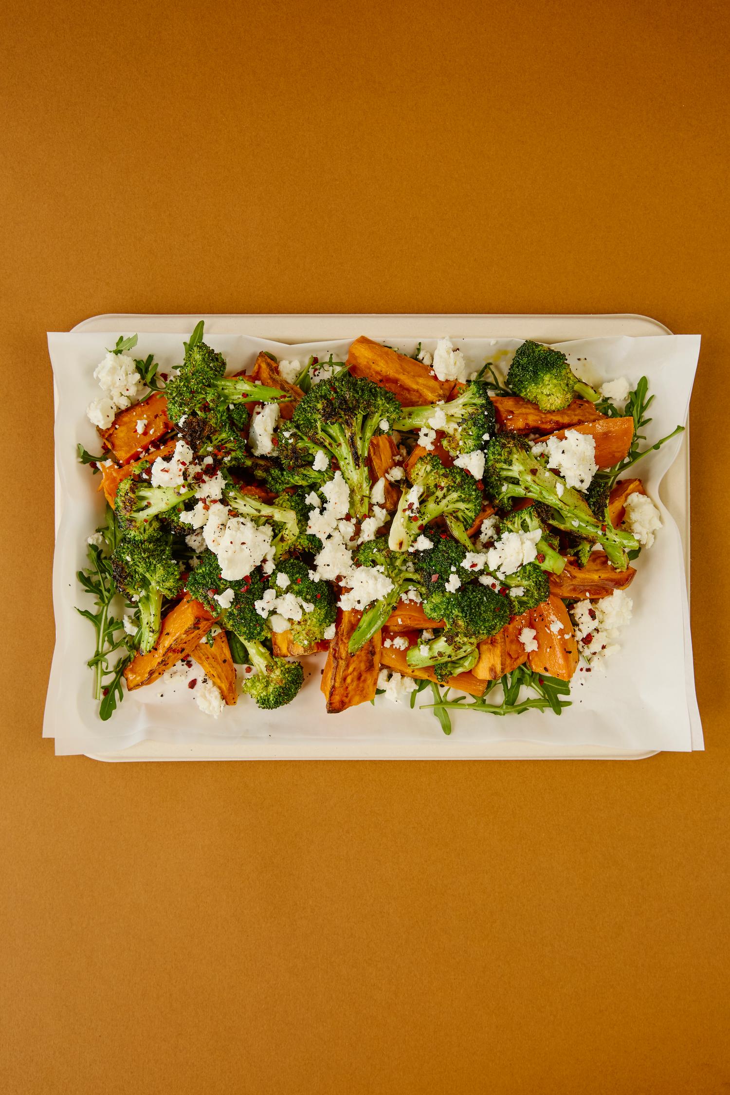 Broccoli, sweet potato, feta & chilli platter