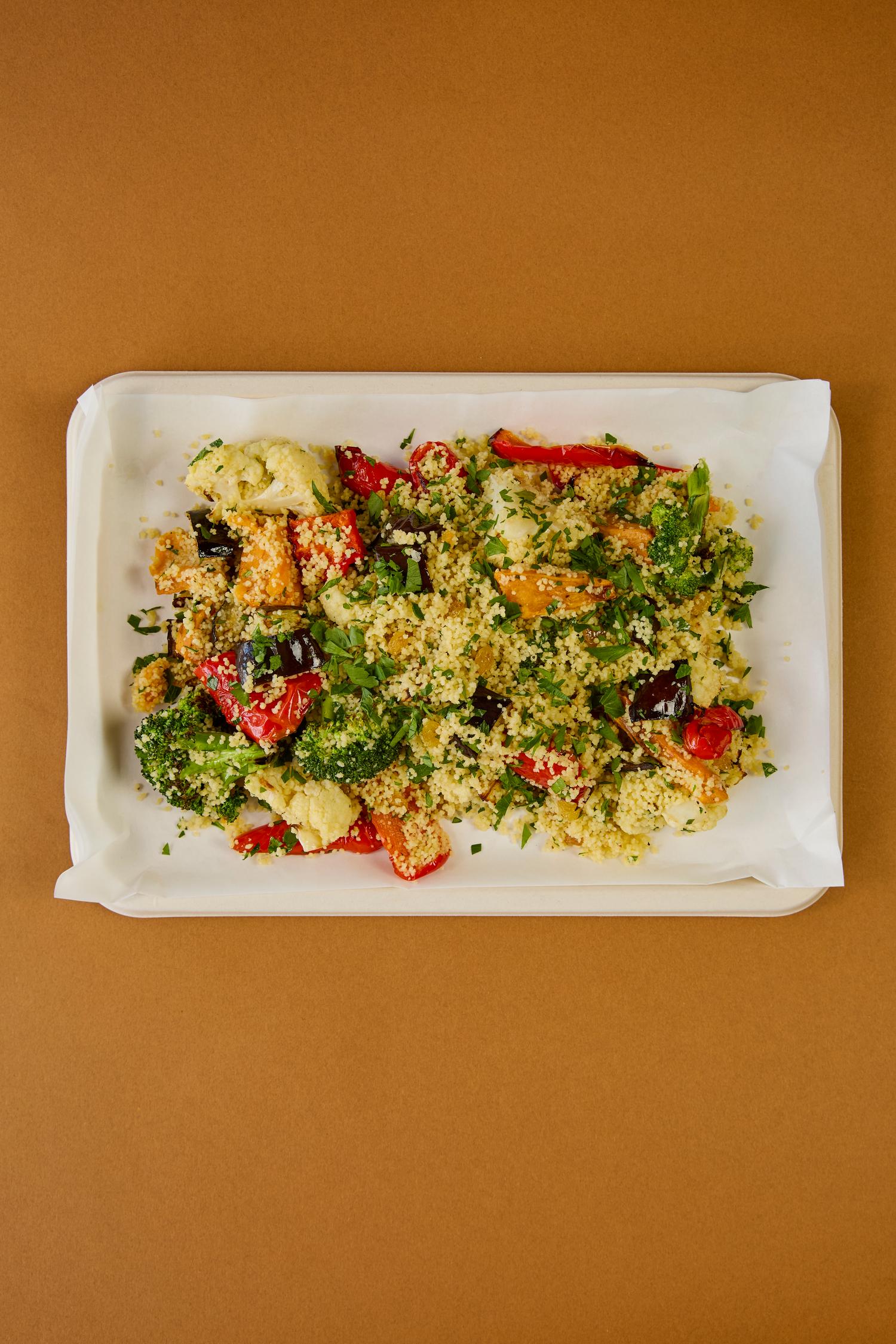 Roasted veg couscous, sultanas & chickpeas platter