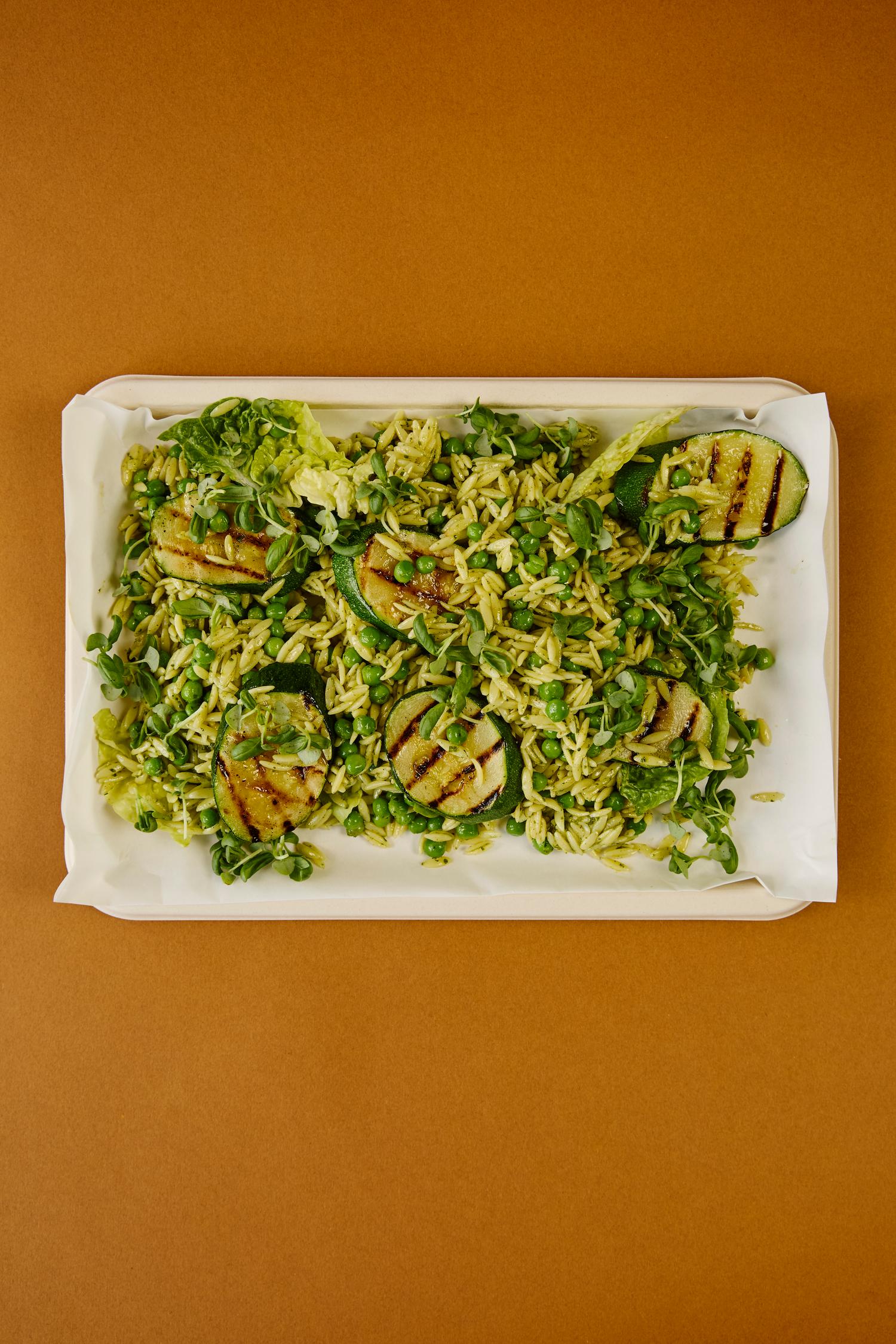 Orzo pasta, pesto, peas, grilled courgette platter