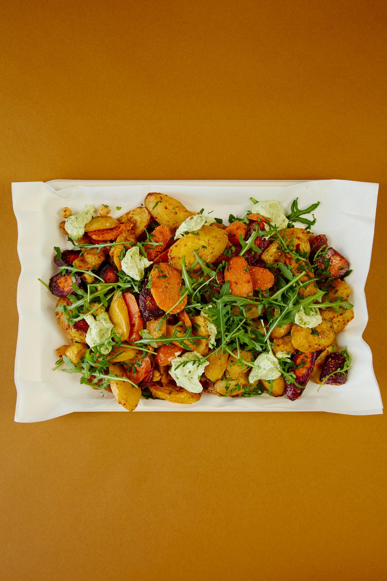 Harissa carrots, chickpeas & herb yoghurt platter