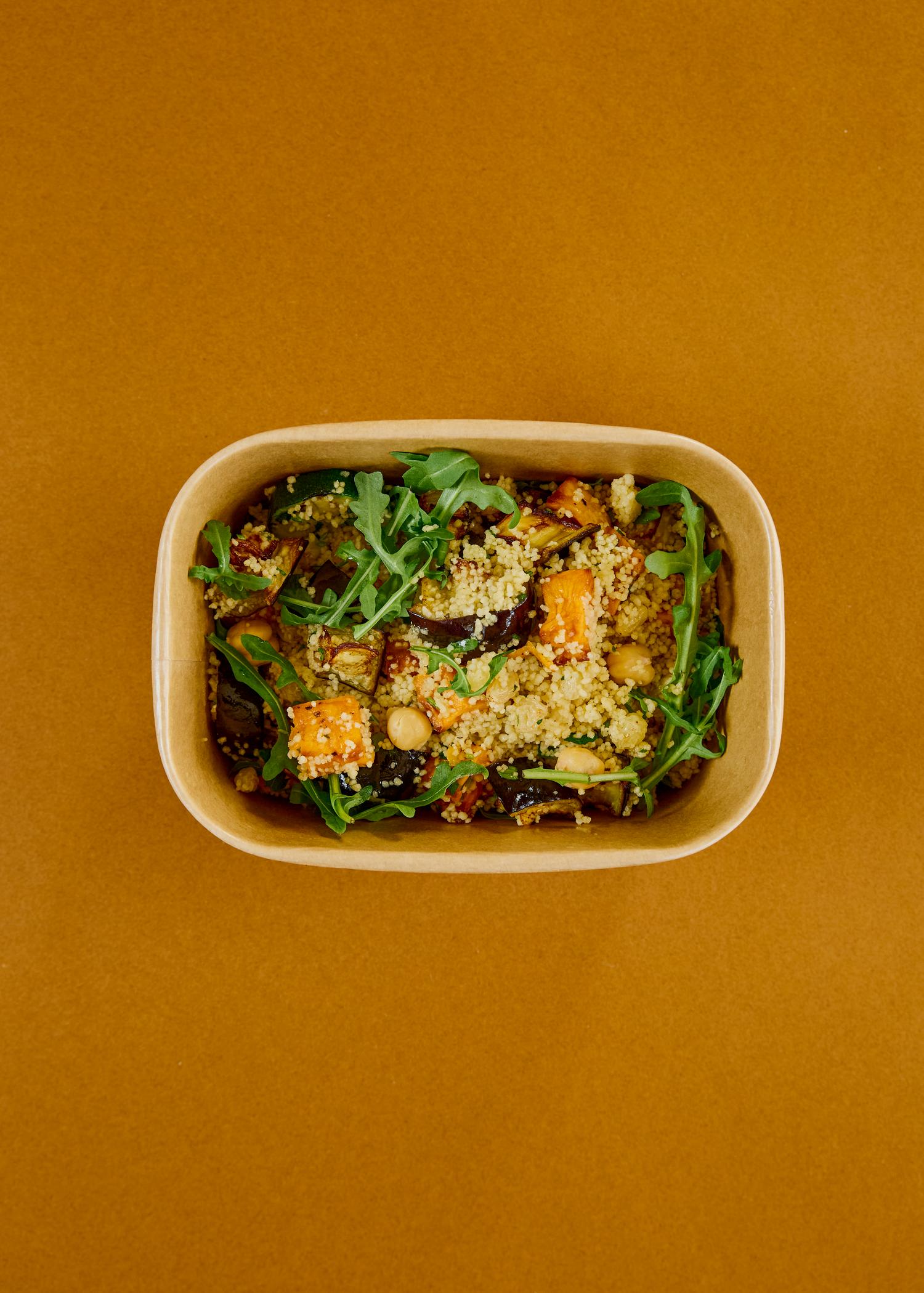 Roasted veg couscous, sultanas & chickpeas