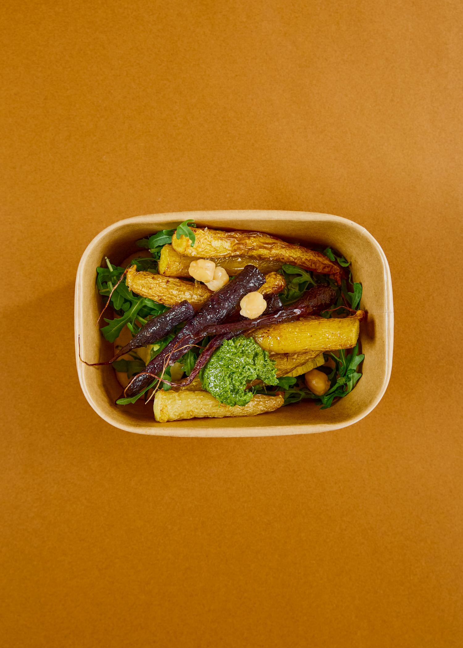 Harissa carrots, chickpeas & herbed yoghurt