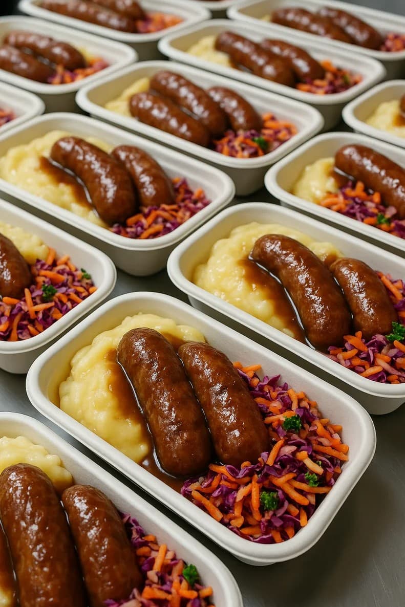 Beef Bangers, Mash, Gravy and Apple Slaw