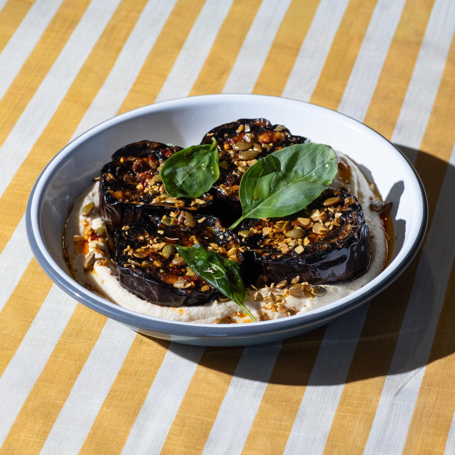 Grilled aubergine, butterbean hummus & chilli oil