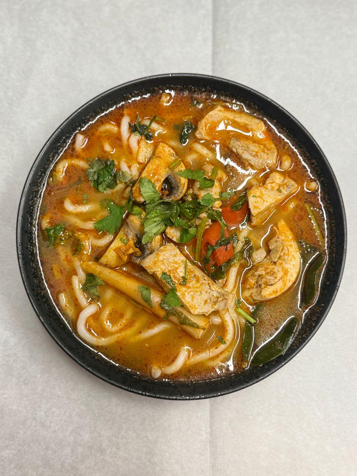 Udon Noodles in Tom Yum Chicken