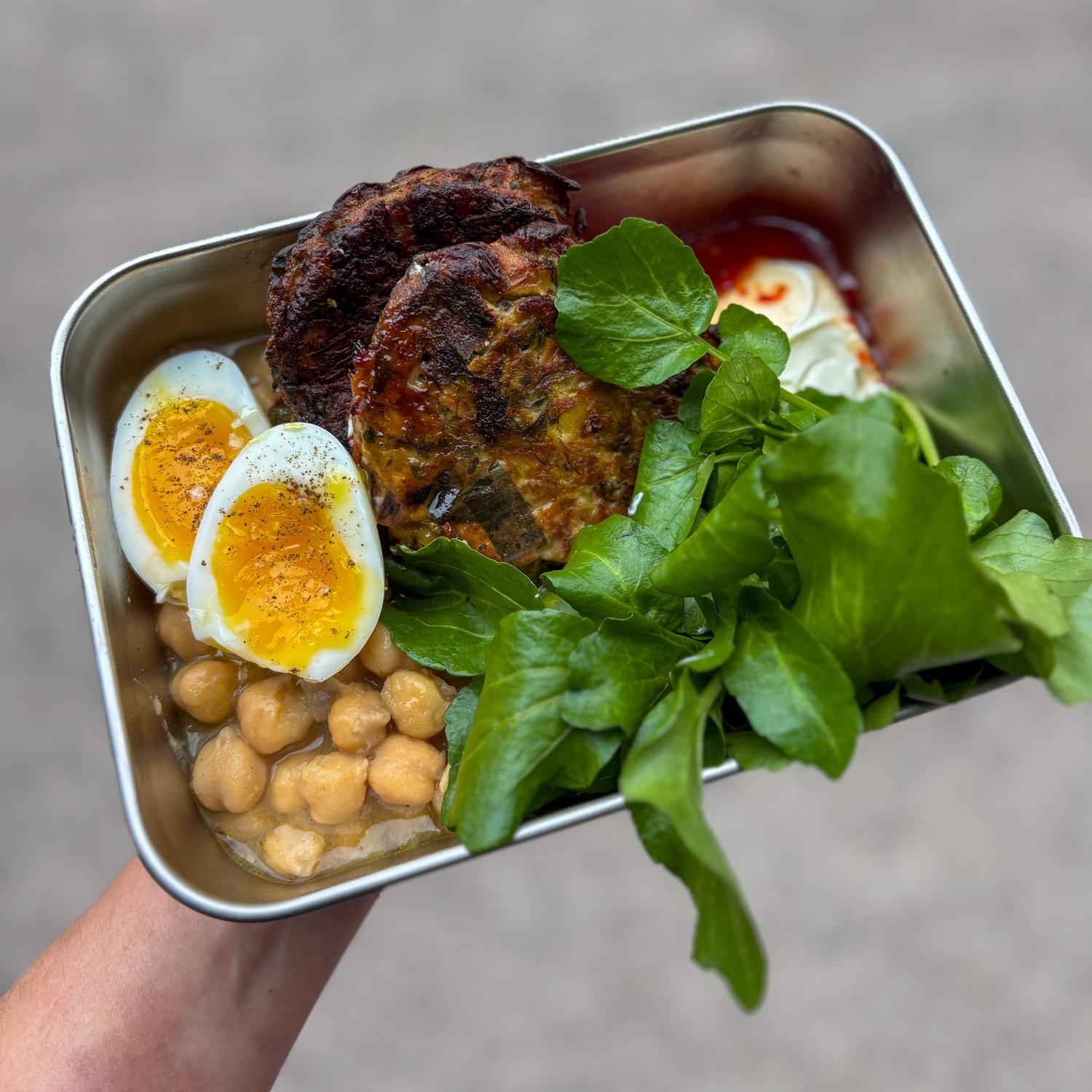 Chickpea Ragu, Fritters and Jammy Eggs