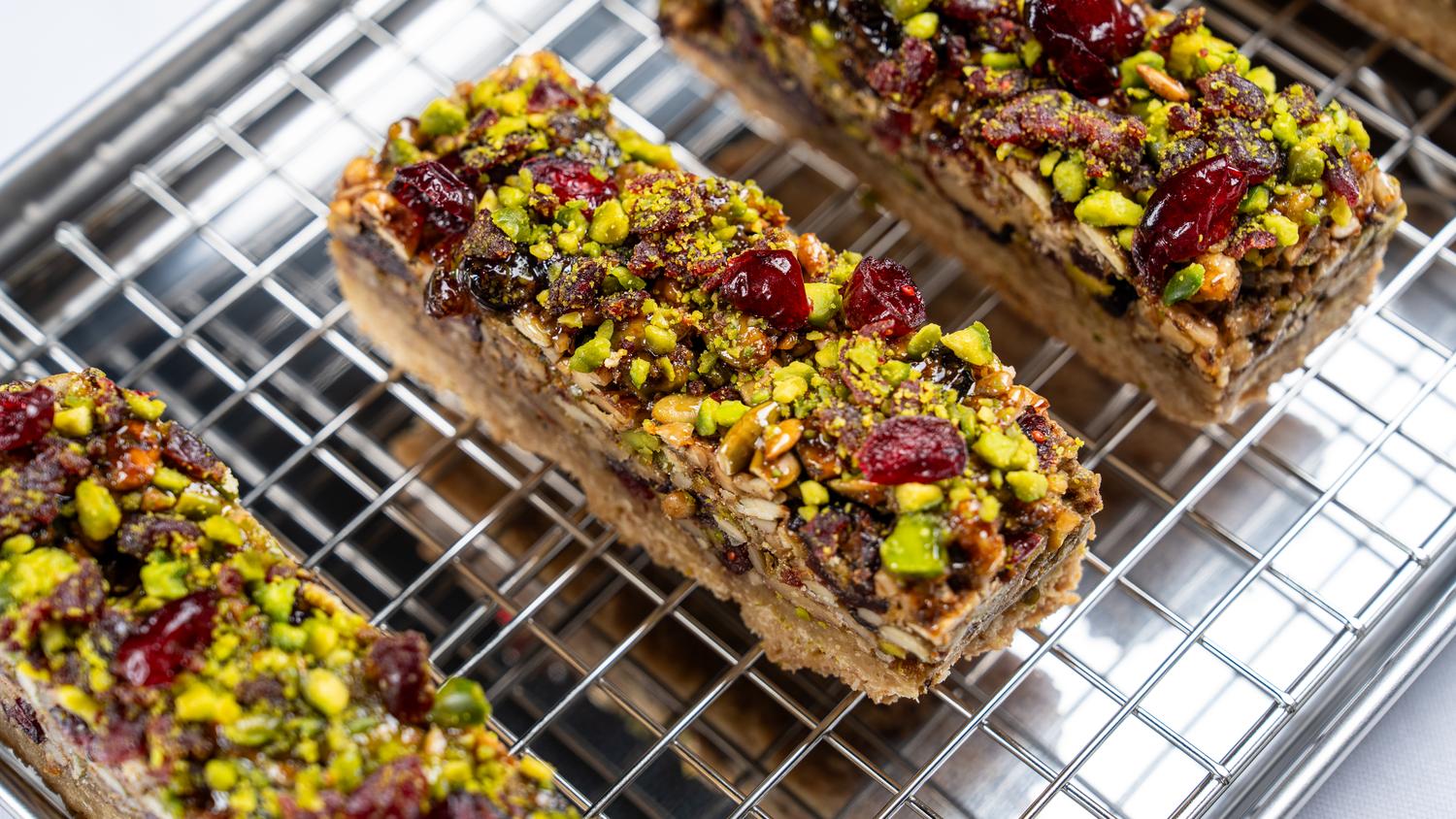 Cranberry and pistachio oat tray bar