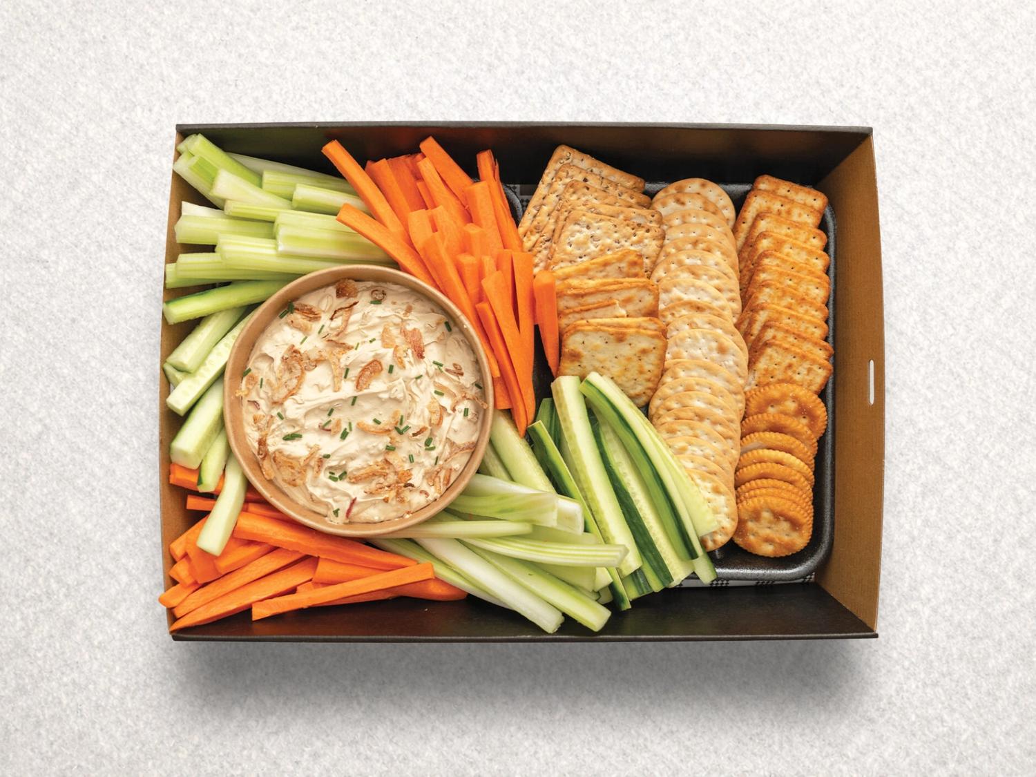 French Onion Dip With Veggie Sticks and Crackers