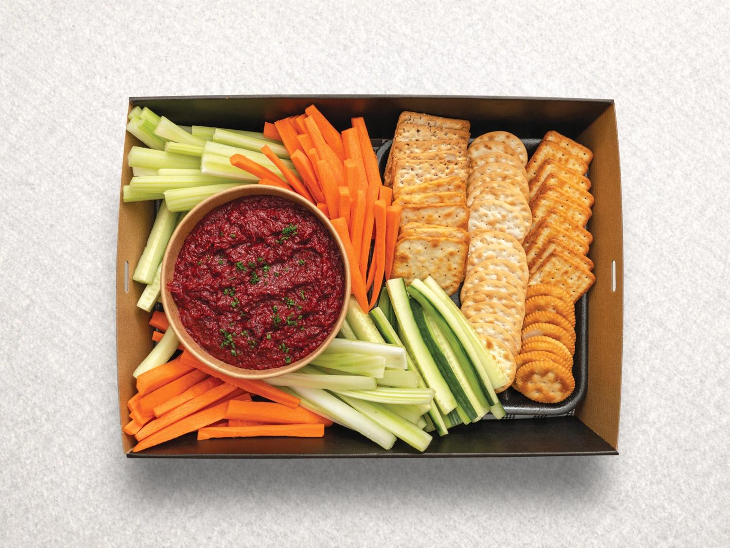 Beetroot Dip w Veggie Sticks & Crackers Platter
