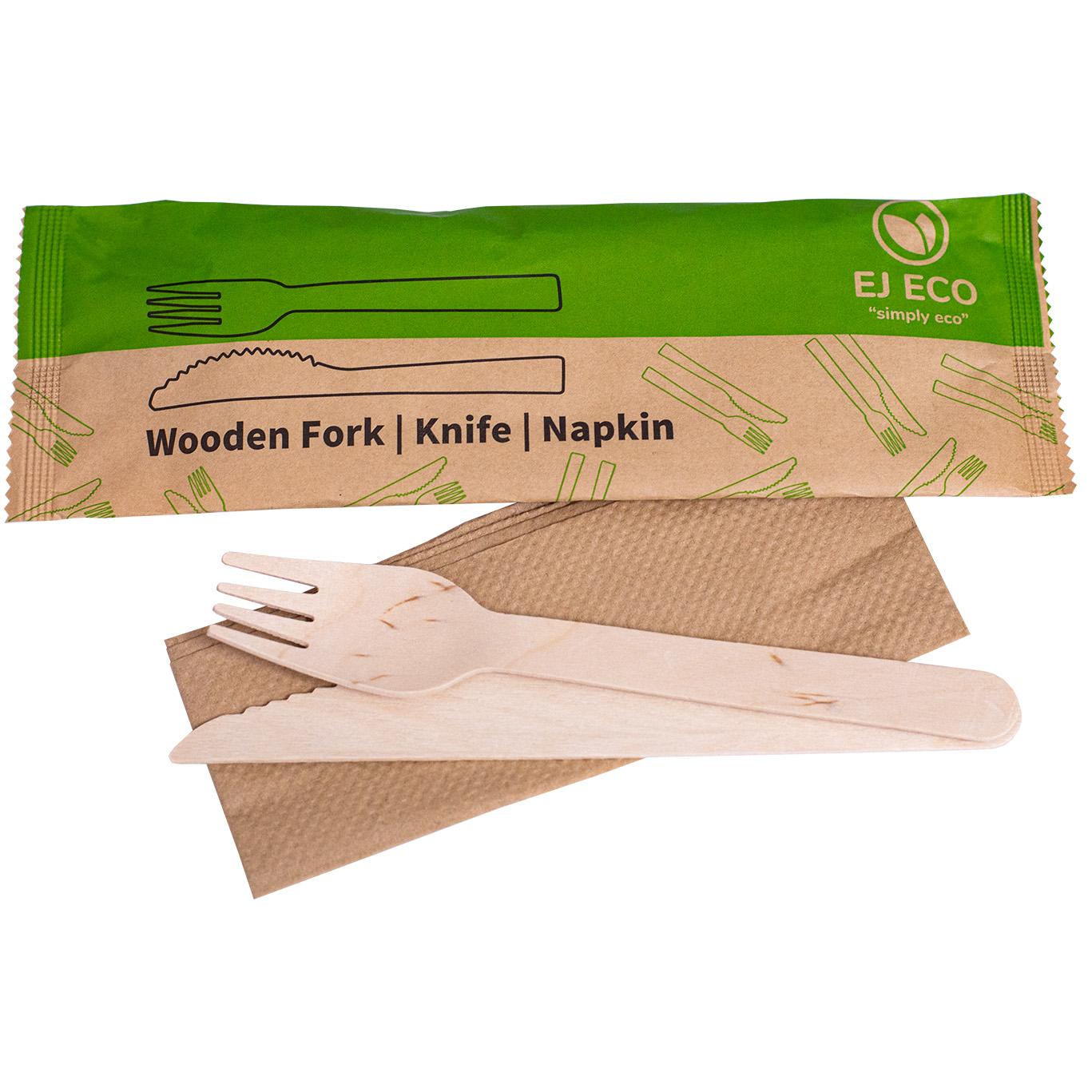 Wooden Fork, Knife, Napkin Pack