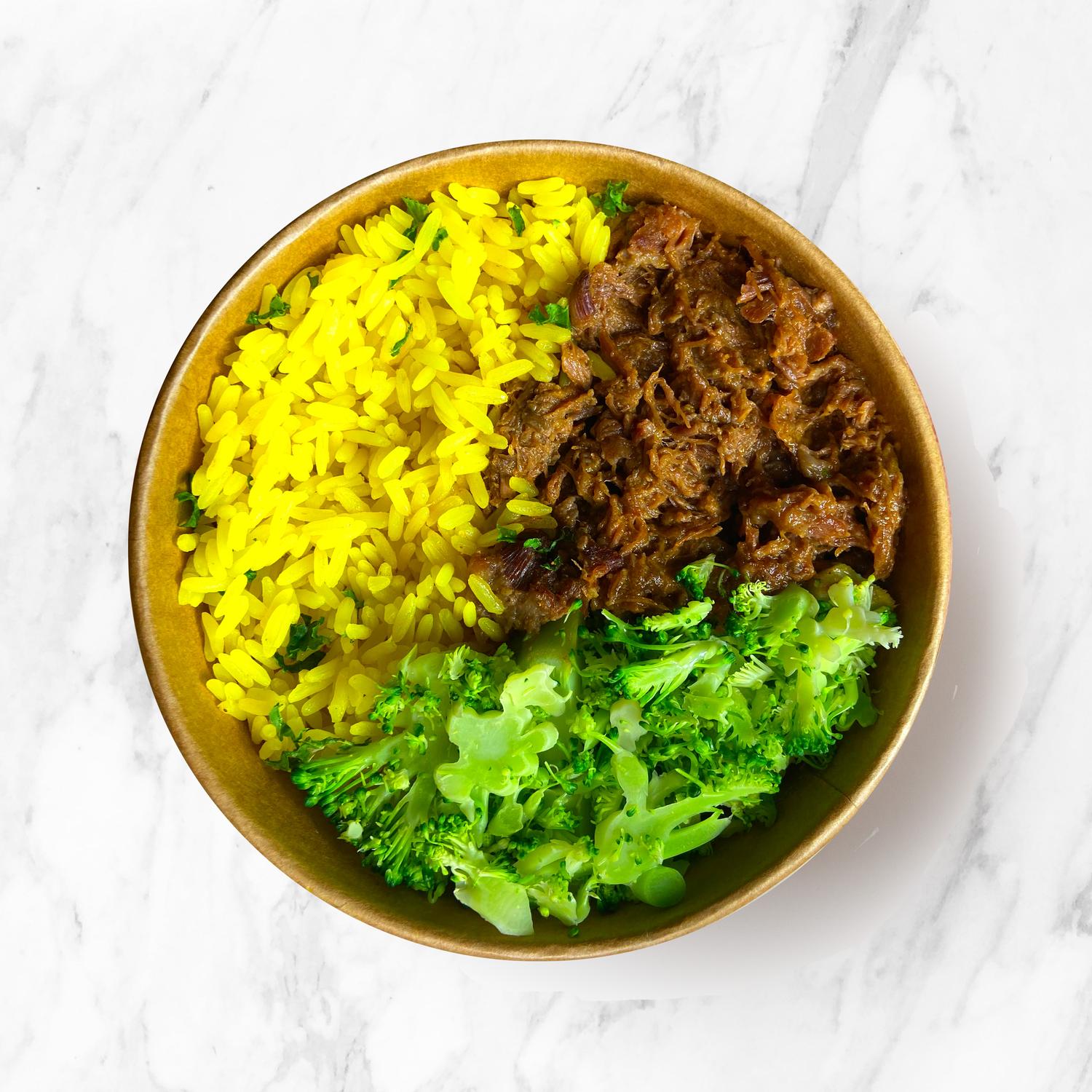 Beef Rendang with Rice and Steamed Broccoli.