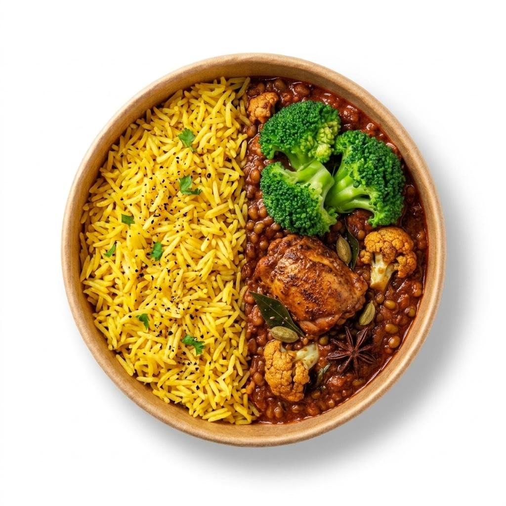 Chettinad CHICKEN Curry, Rice, Broccoli