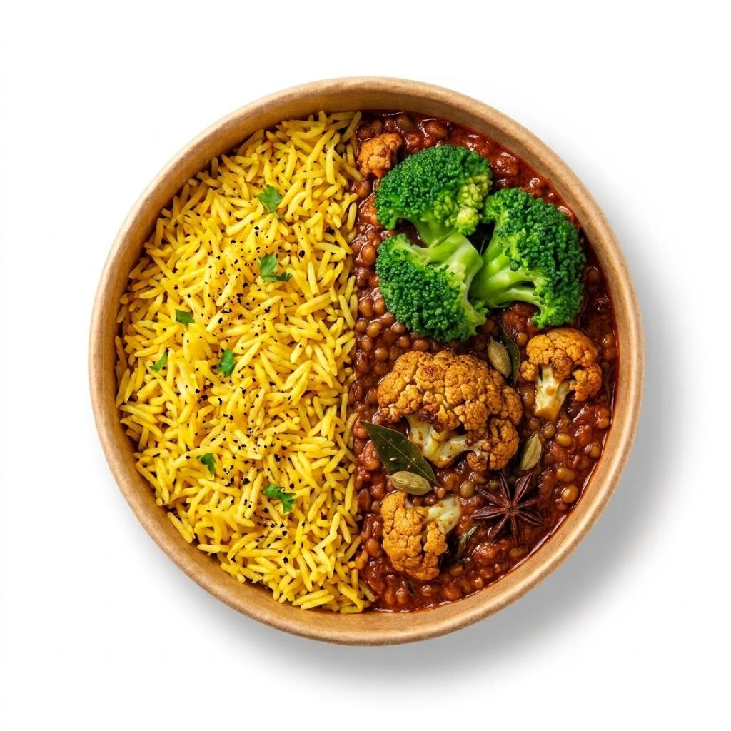 Vegan Chettinad Cauliflower Curry, Rice, Broccoli