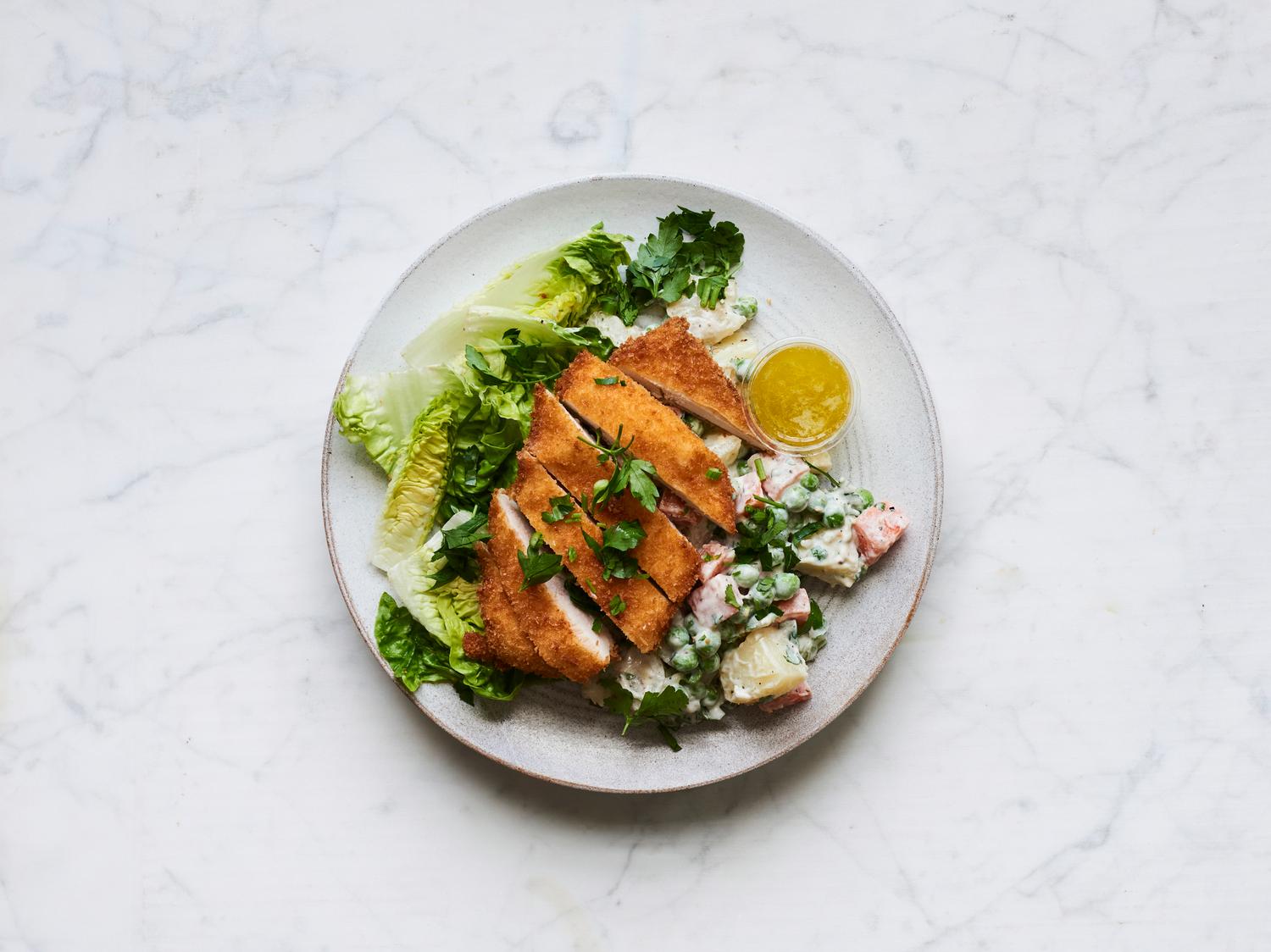 Chicken Schnitzel and Russian Salad