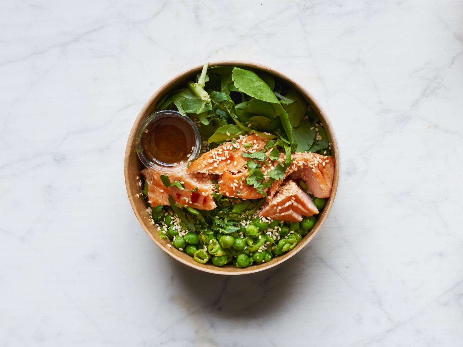Wasabi-Seared Teriyaki Salmon with Crushed Peas
