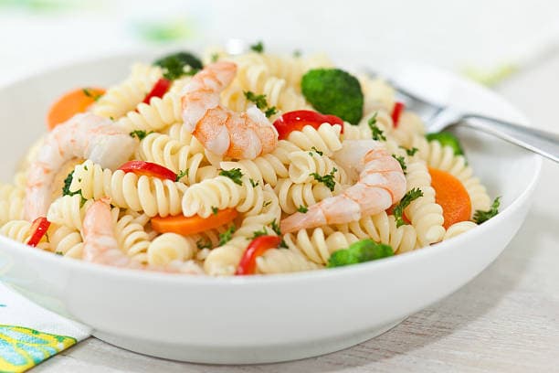 Tiger prawns and pasta salad