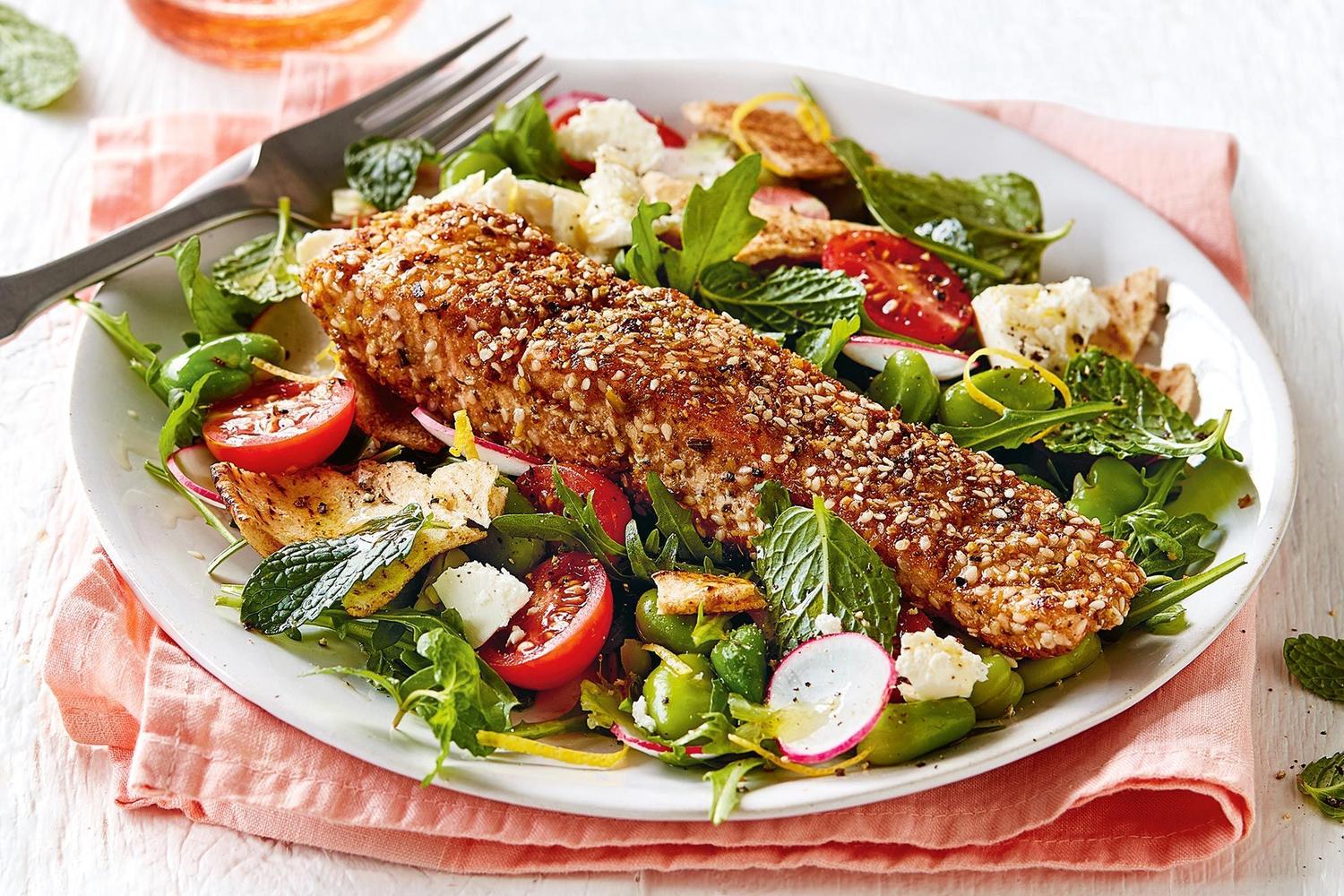 Salmon on broad bean, mint and tomato salad