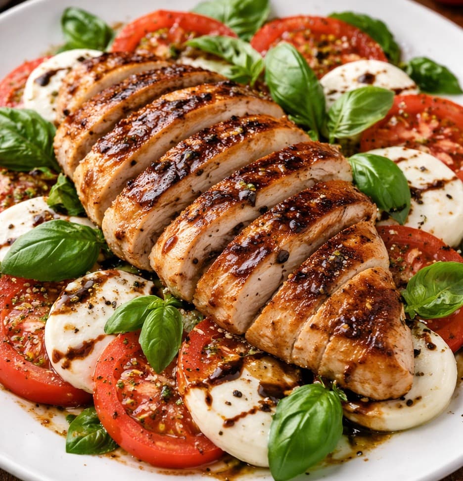 Chicken on tomato and mozzarella salad