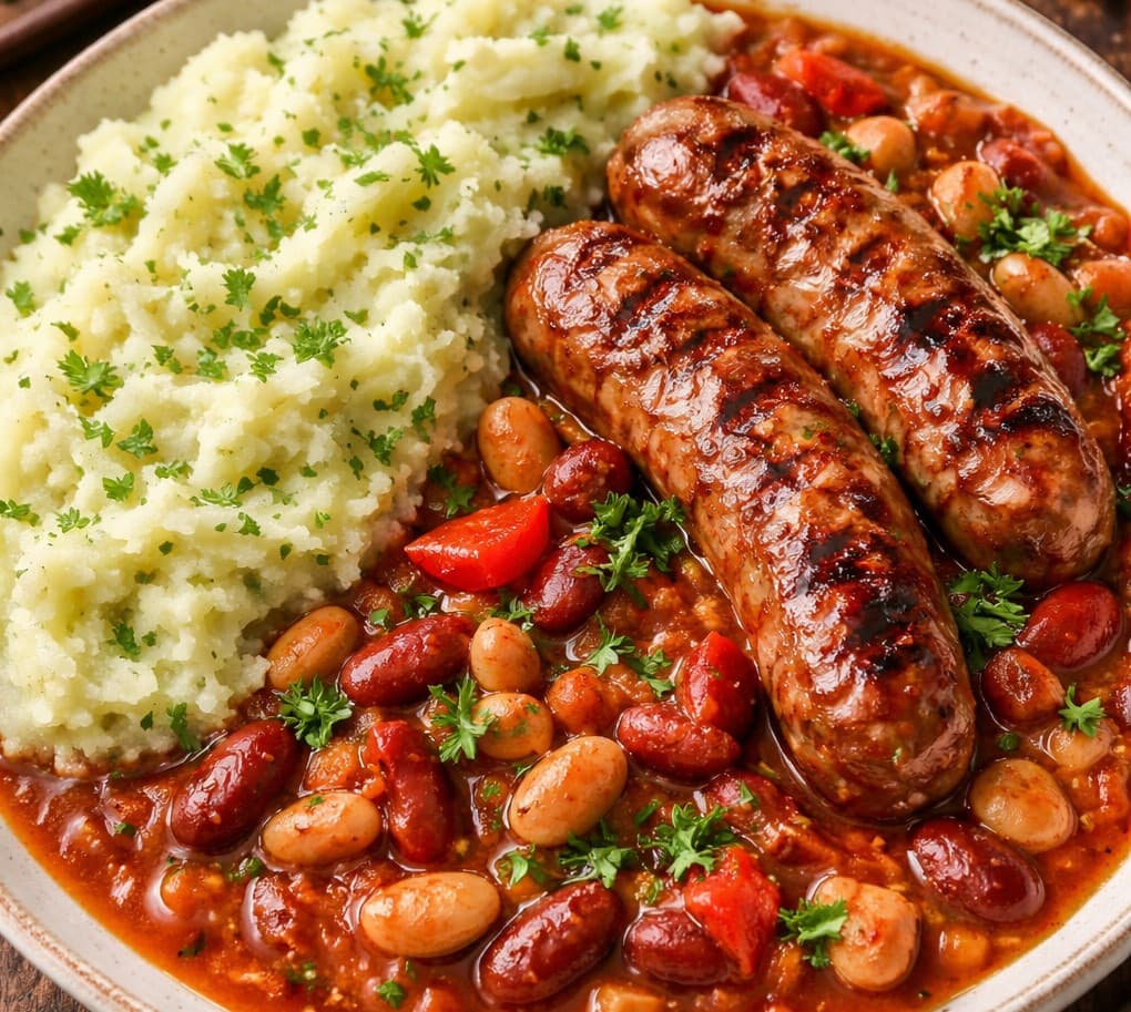 Grilled Sausage & Bean casserole with Parsley Mash