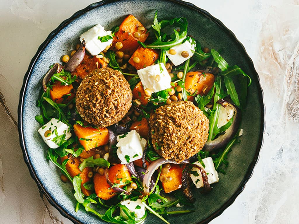 Butternut squash, lentil, falafel & feta salad