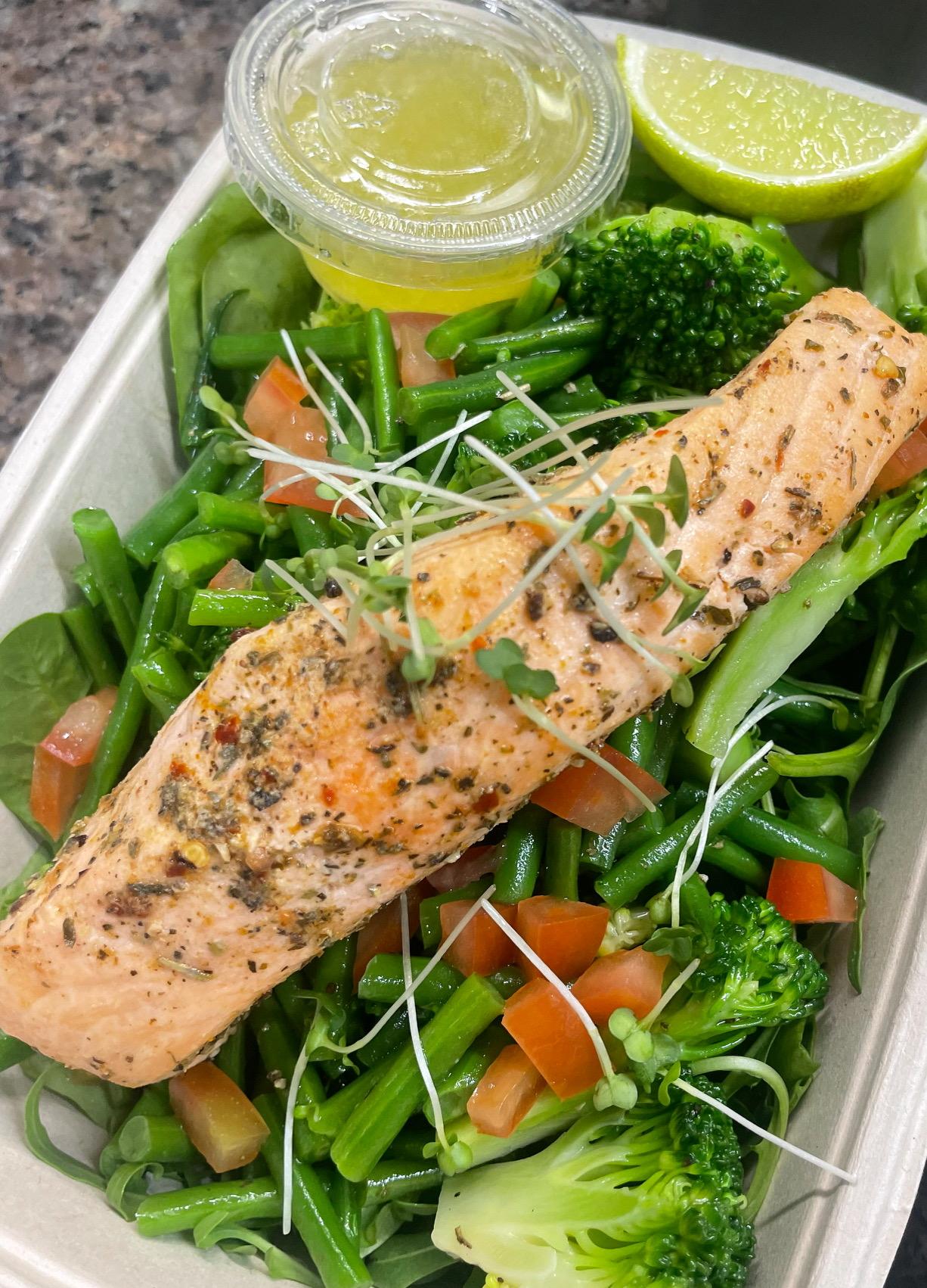Harissa salmon, broccoli and green bean salad