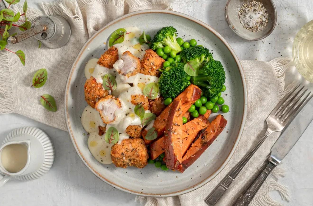 Creamy Garlic Chicken Kyiv with Chips & Broccoli