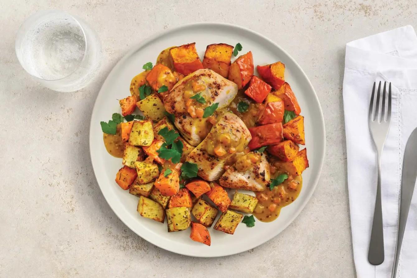 Honey Mustard Chicken with Garlic Roasted Veggies