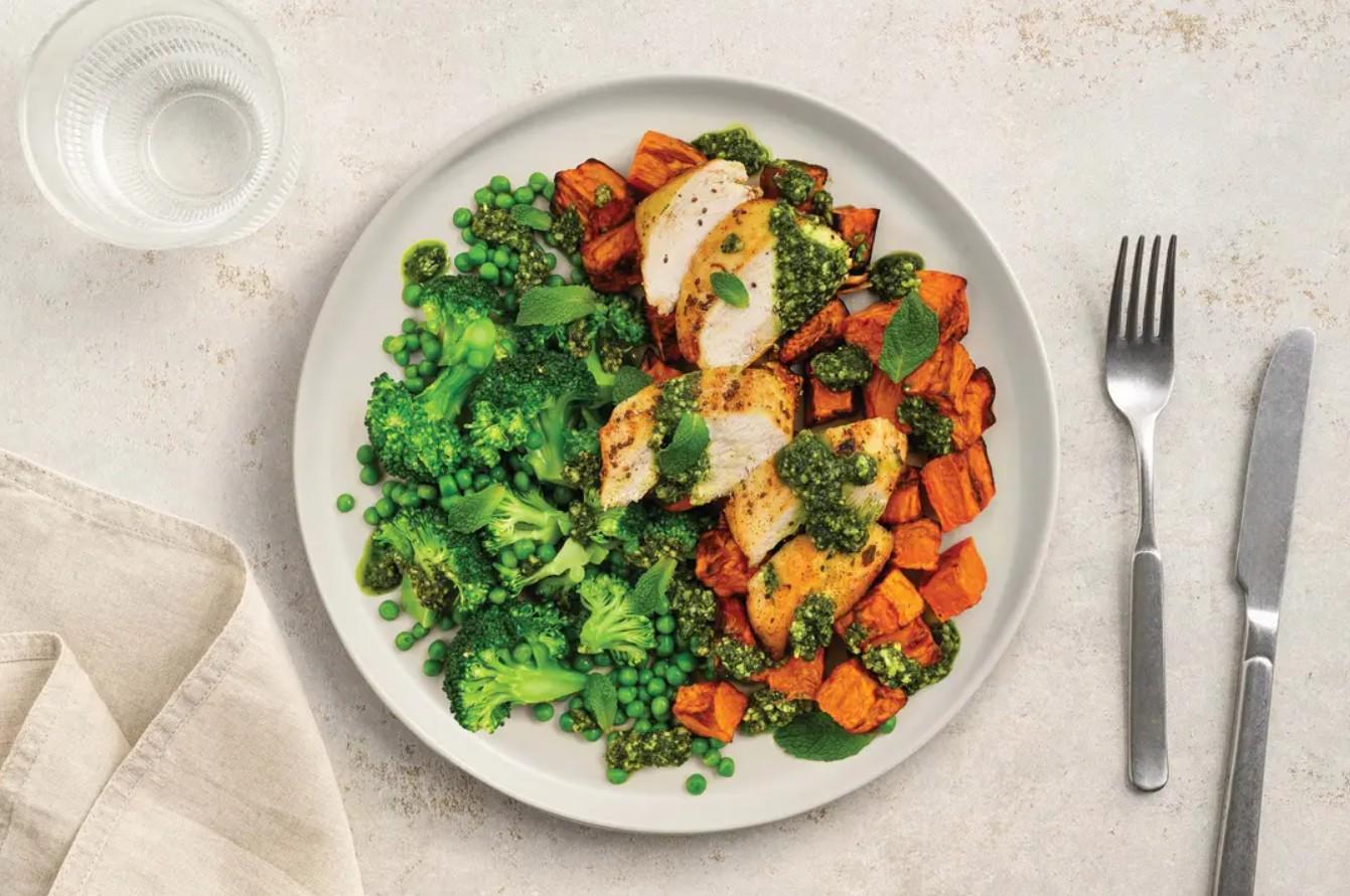 Pesto Chicken & Greens with Roasted Sweet Potato