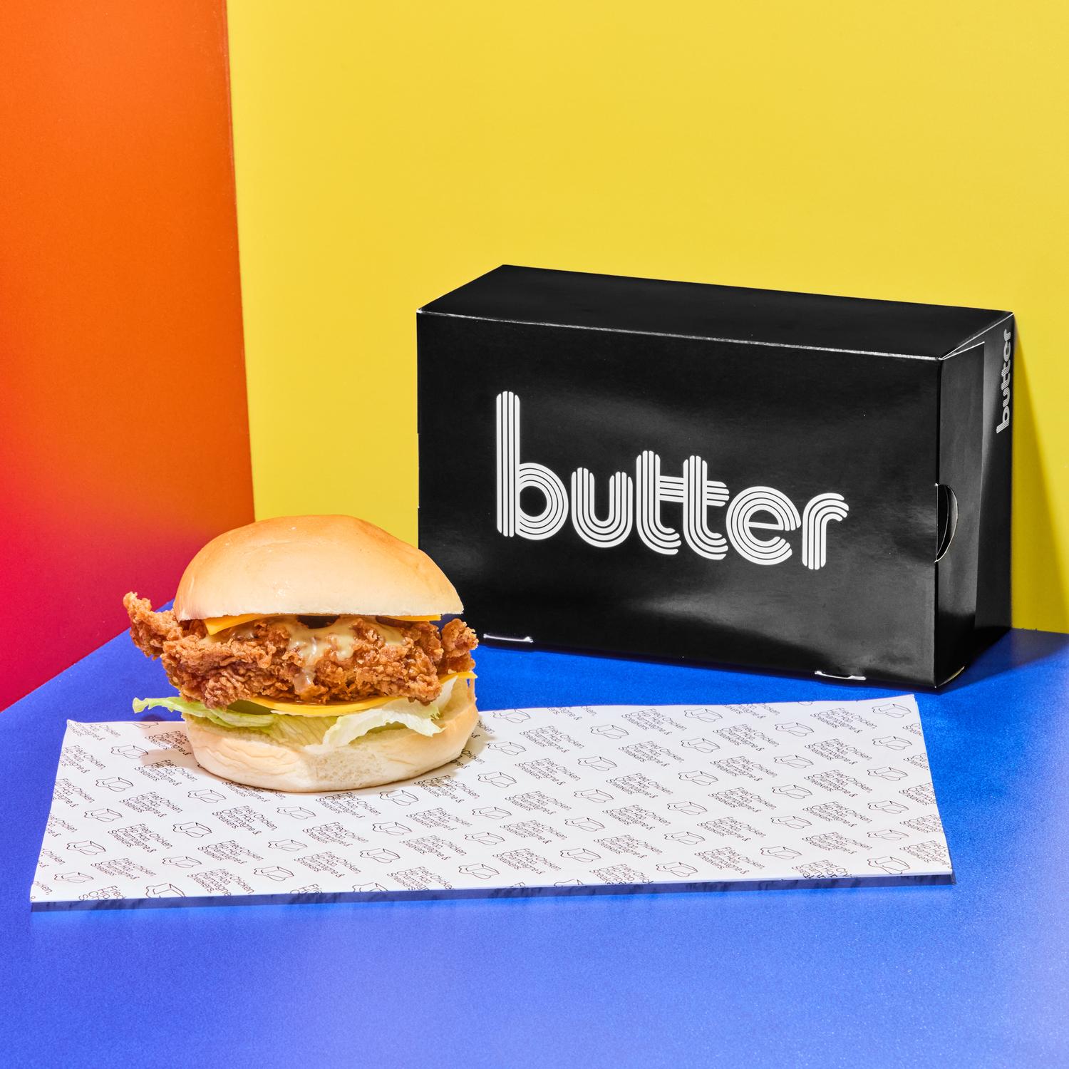 Cheezus Fried Chicken Sandwich Butter Box