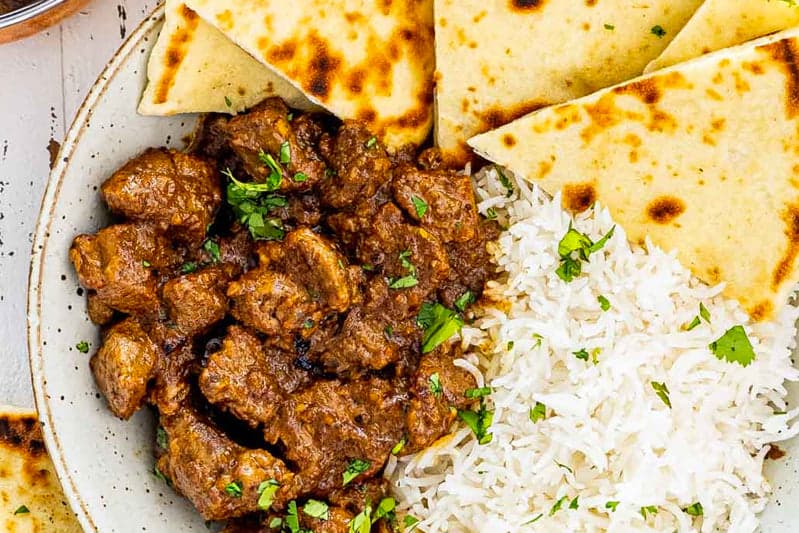 Lamb Korma, Rice and Naan Bread