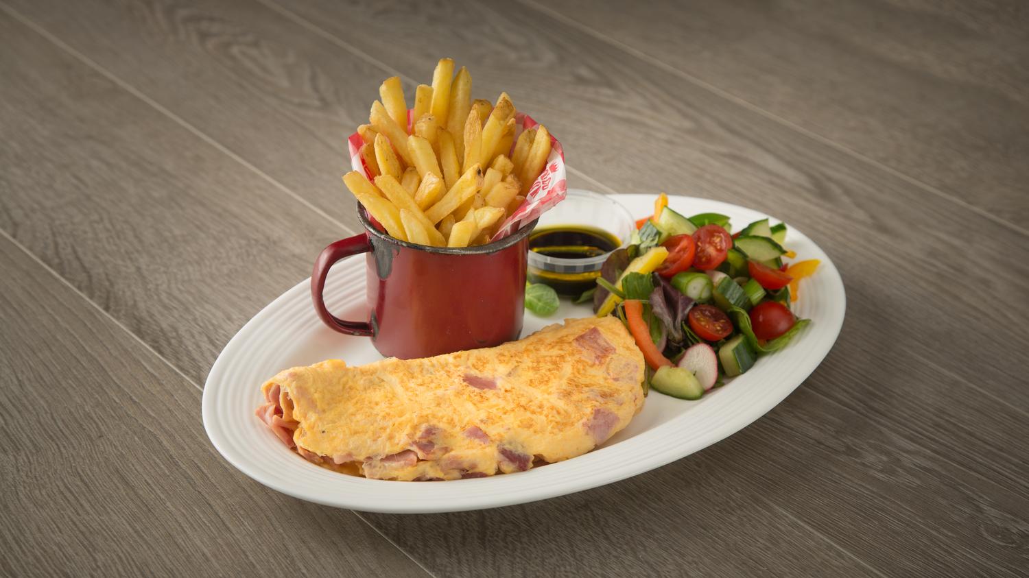 Omelette - Ham served with Chips and Salad