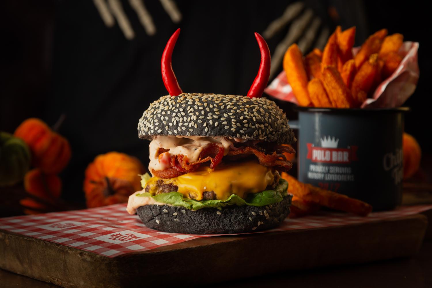 Halloween Broomstick Cheese and Bacon Burger