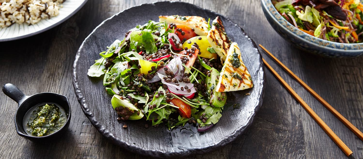 Halloumi & Heritage Tomato Salad with Kale Pesto