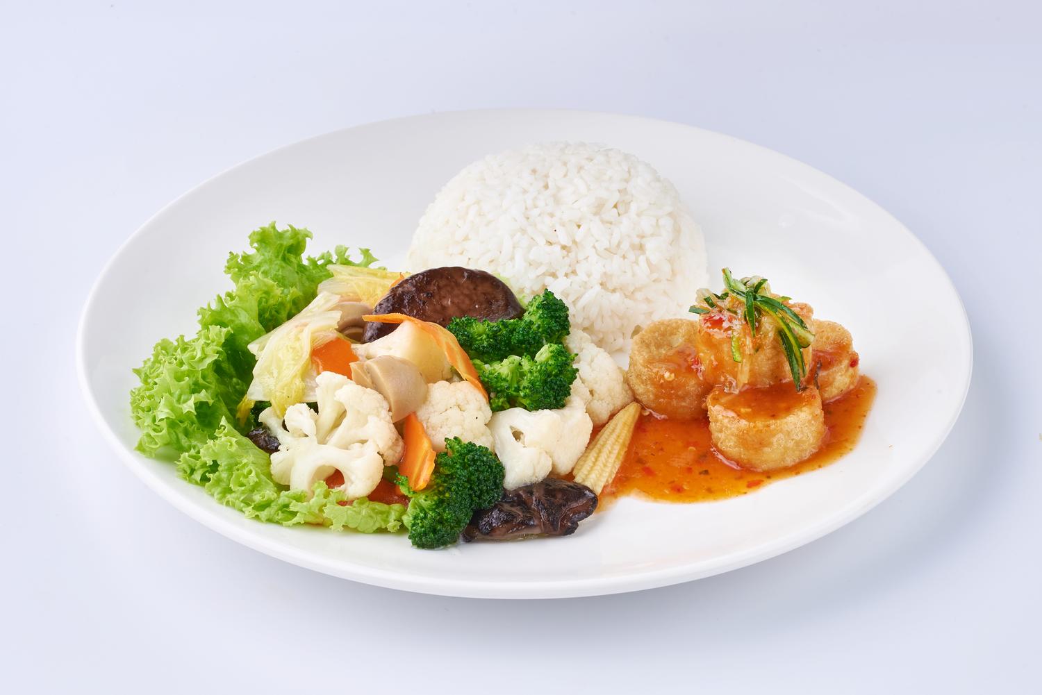 Stir Fried Cabbage Flowers, Egg Tofu & Rice 
