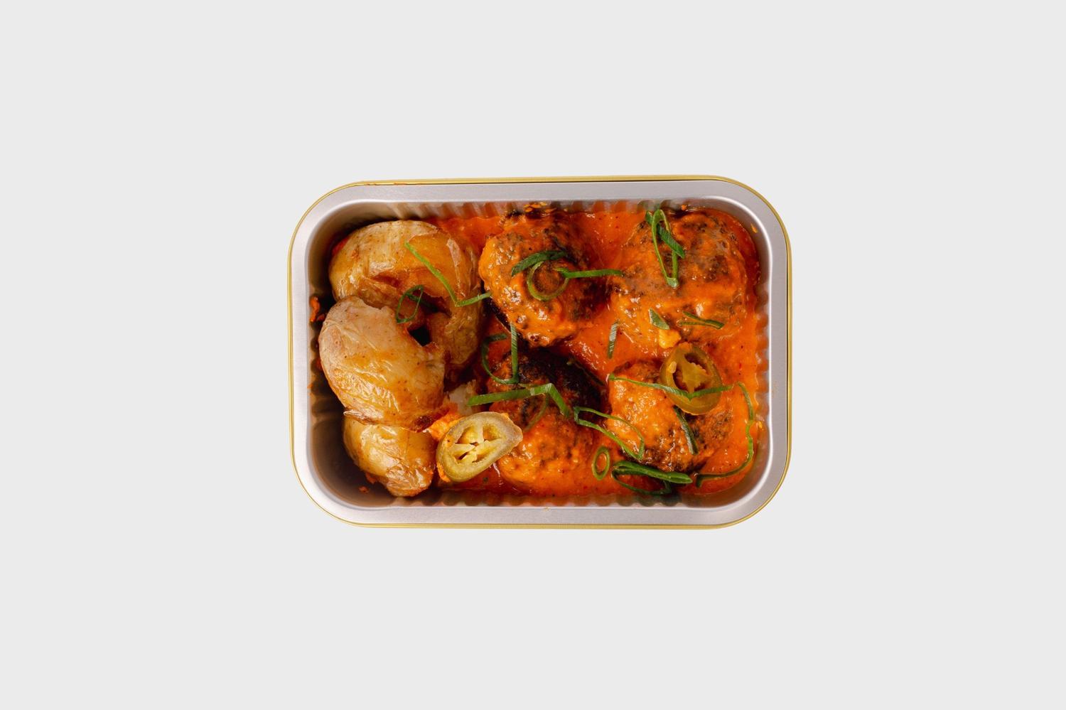 Lamb Kefta Balls with Romesco & Smashed Potatoes