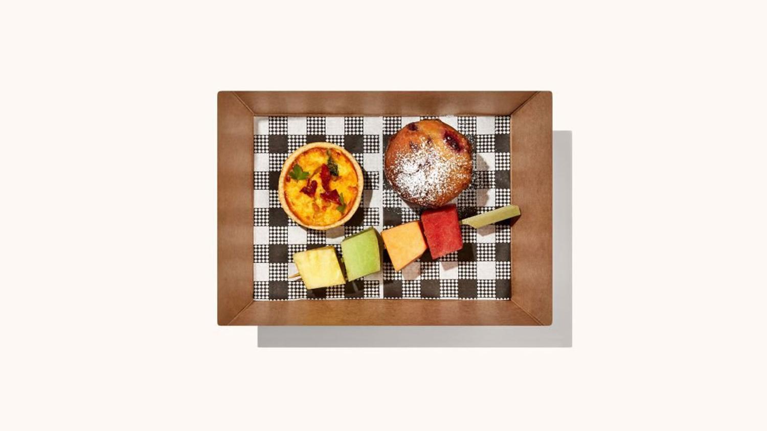 Rustic Blueberry Muffin, Veg Quiche, Fruit Skewer