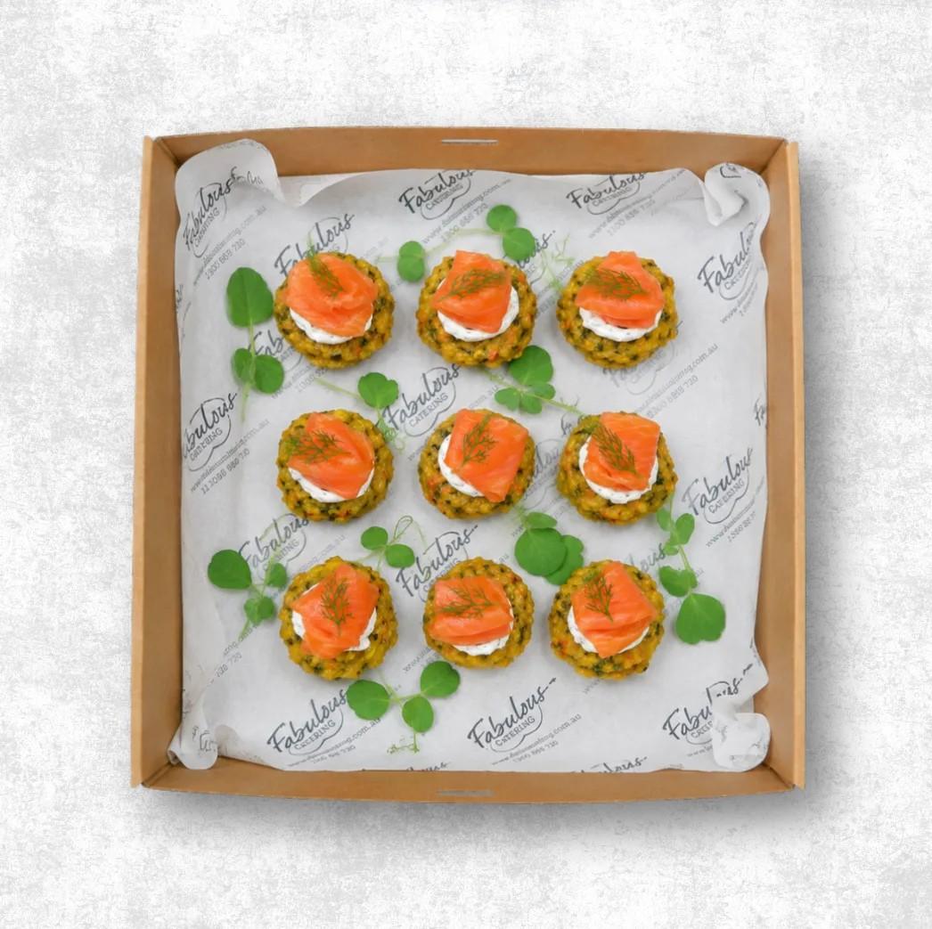 Corn Fritters w/ Smoked Salmon & Dill Cream Cheese