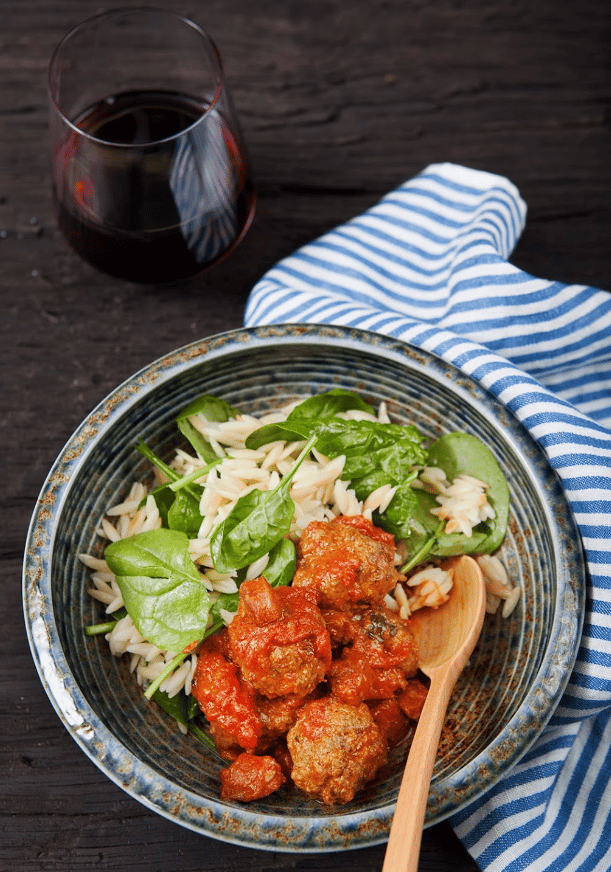 Meatballs with Orzo Pasta, Chorizo & Tomato Sauce
