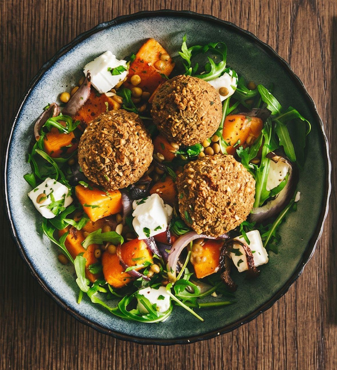 Butternut squash, lentil, falafel & feta salad