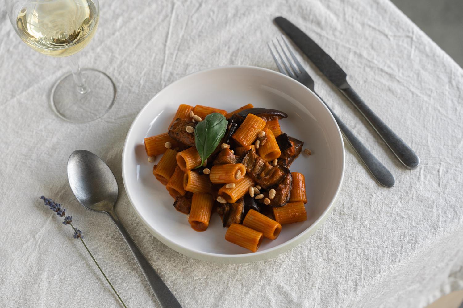Mezze maniche with eggplant caponata - VEGAN