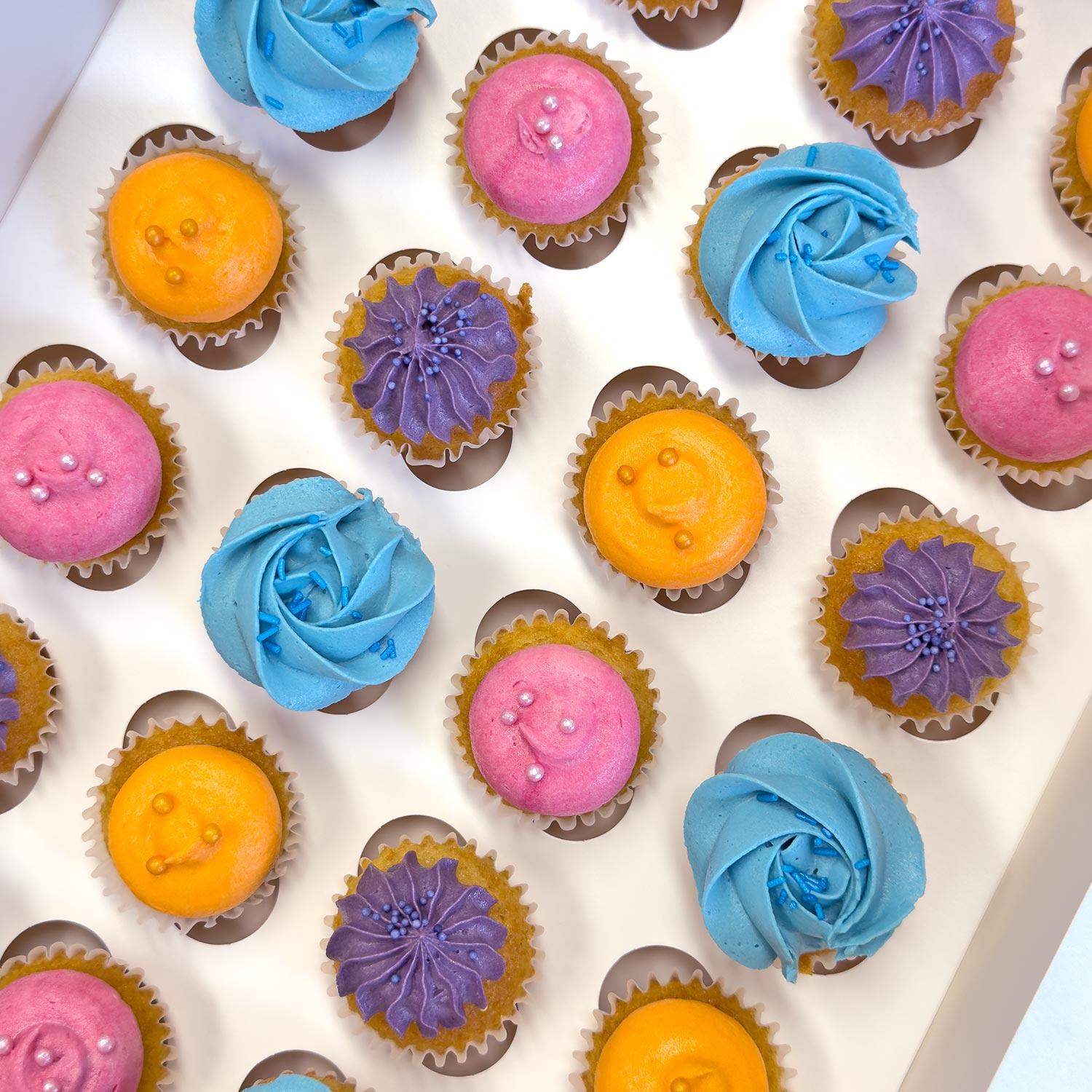 Box of 24 Mini Cupcakes FOUR Colours & Flavours