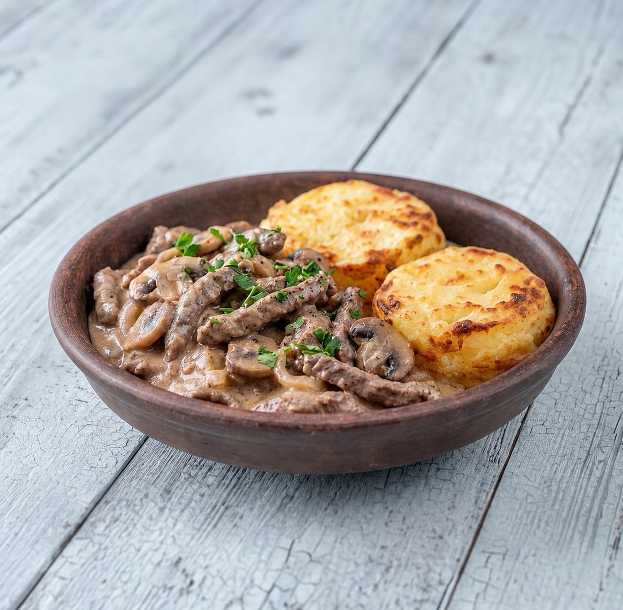Beef stroganoff with dauphinoise potatoes