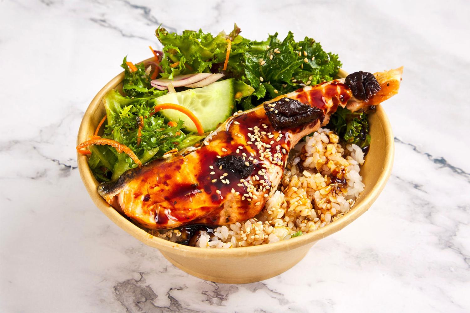 Salmon Prune Teriyaki Donburi