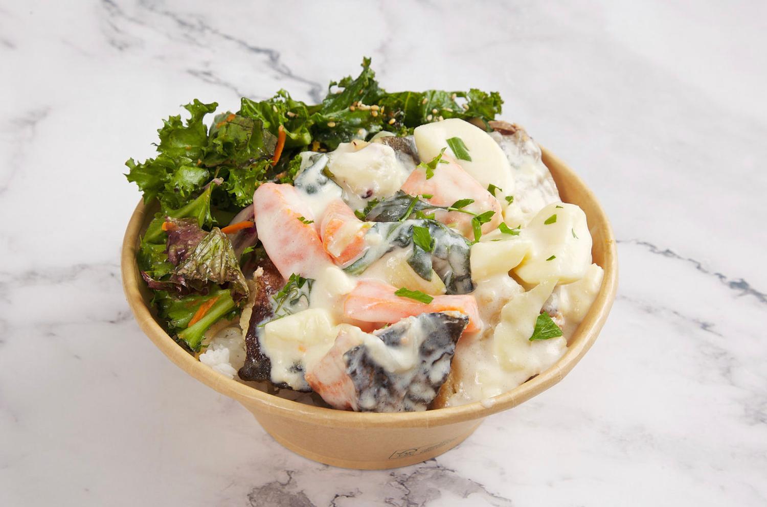 Grilled Miso Cod & Salmon Creamy Sauce Donburi