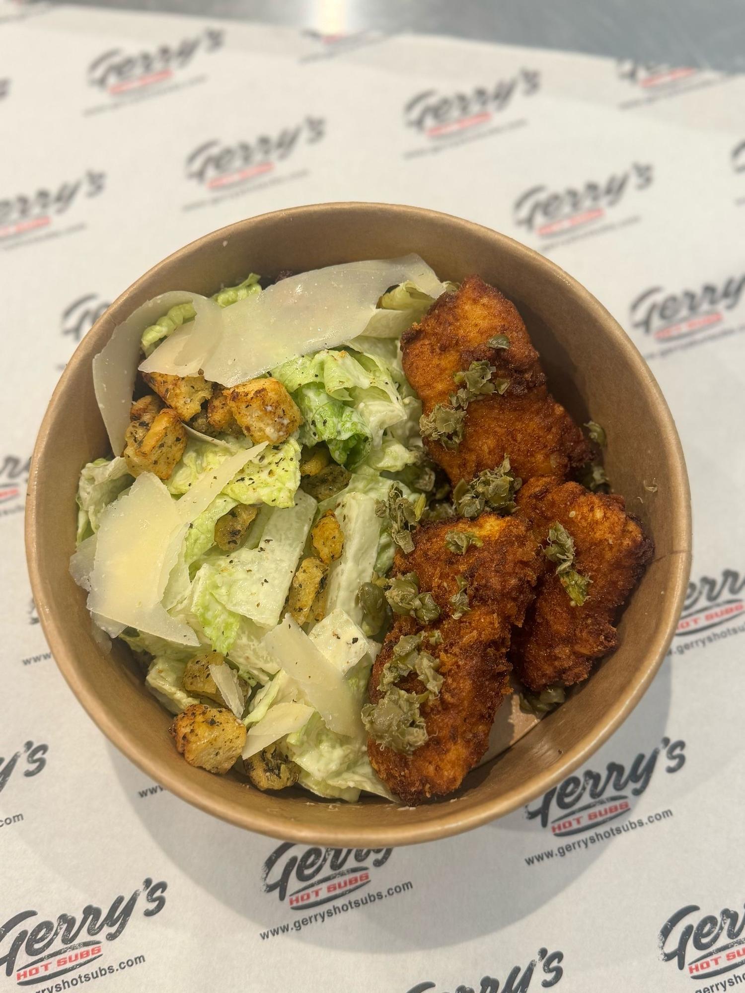 Bowl of Fish-a-Dub with Caesar Salad