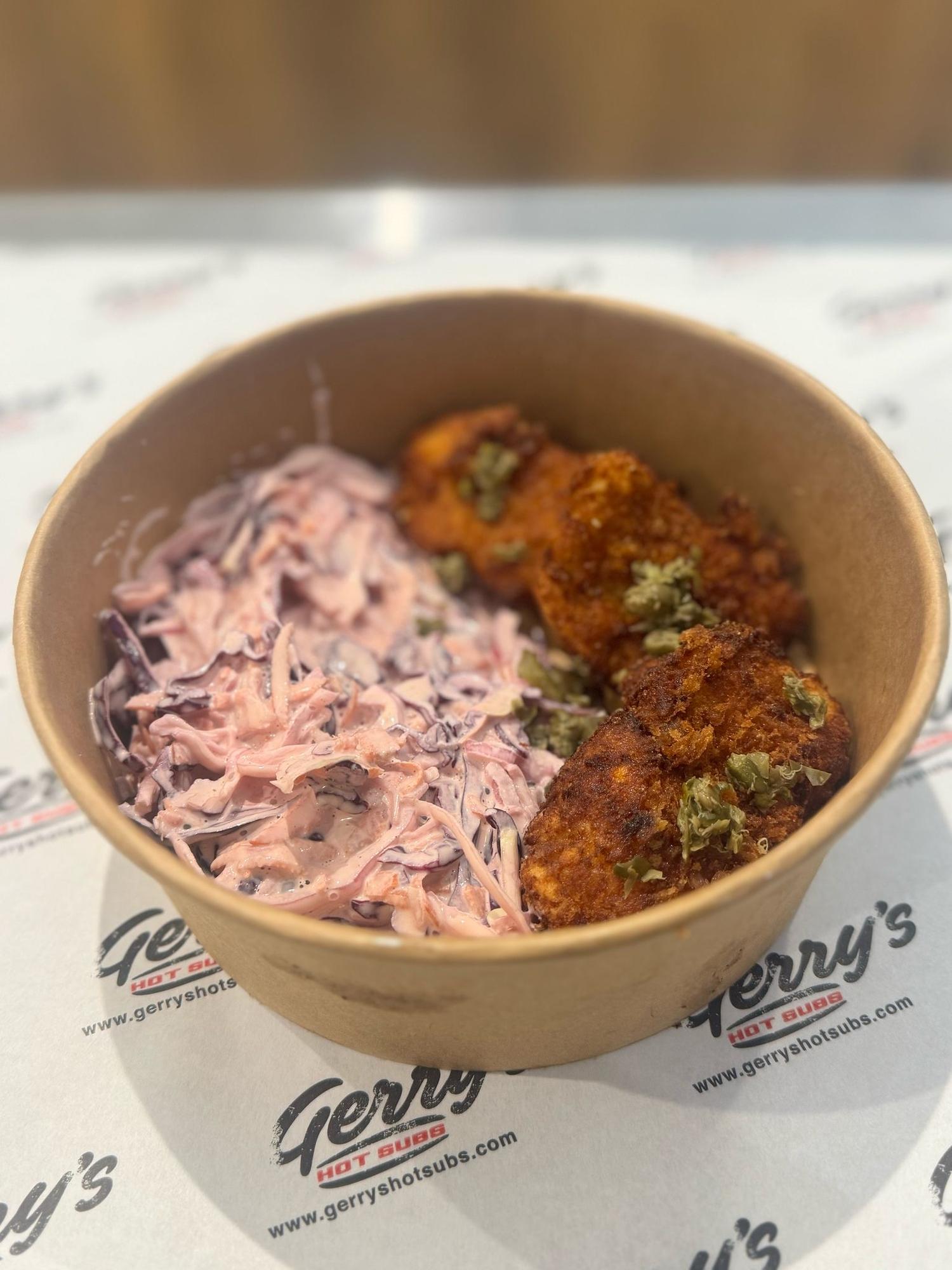 Bowl of Fish-a-Dub-Sub with coleslaw